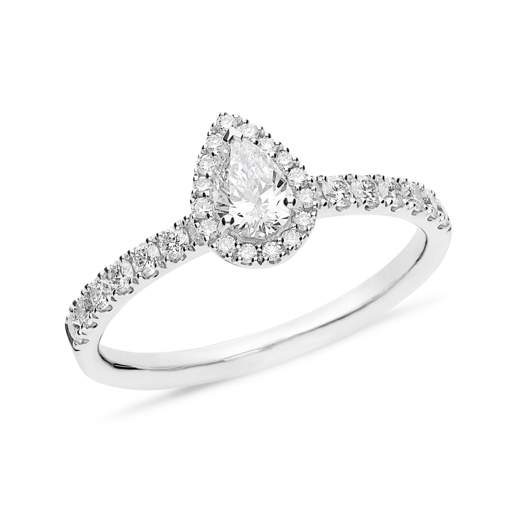 Pear Shaped Engagement Ring With Halo And Diamond Band