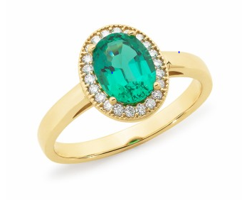 Emerald and Diamond Halo Oval Ring in Gold