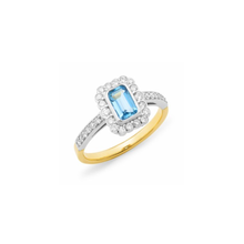 Load image into Gallery viewer, Aquamarine emerald cut with surrounding diamonds