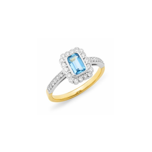 Aquamarine emerald cut with surrounding diamonds