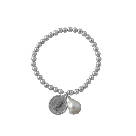 Stretchy Bracelet With Threepence & Baroque Pearl