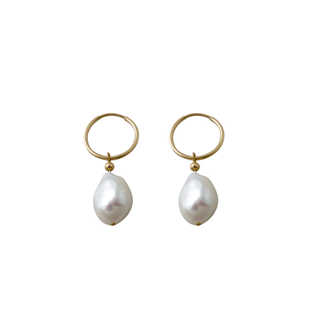 Yellow Gold Hoop Earrings With Baroque Pearl