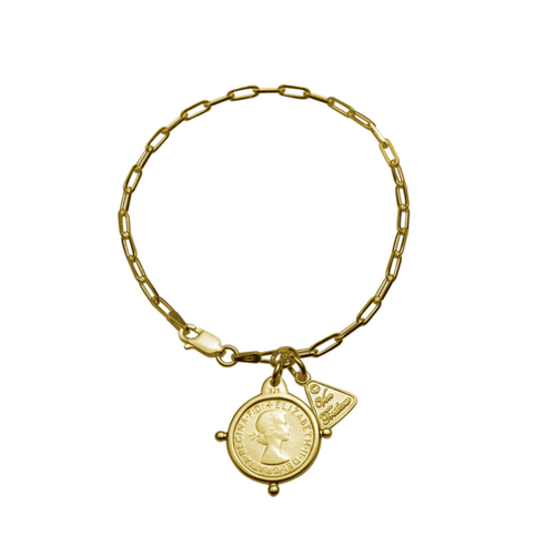 Fine Clip Chain Bracelet With Threepence, Yellow Gold