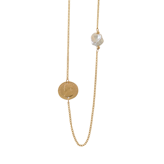 Coin & Keshi Pearl Necklace, Yellow Gold