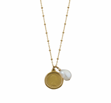 Load image into Gallery viewer, ROSARIO NECKLACE WITH SIXPENCE &amp; BAROQUE PEARL