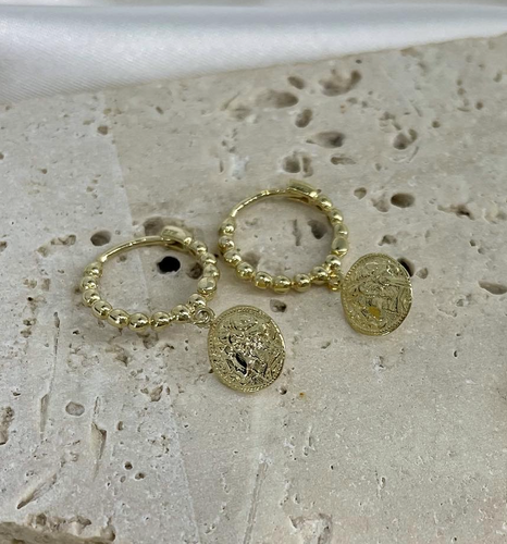 9ct gold beaded Huggies with engraved disc charm
